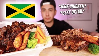 EATING Jamaican Food + Jerk Chicken + Beef Oxtail + Rice \u0026 Peas | Story time Mukbang