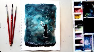 Moon light girl painting with water colour for Beginners -step by step