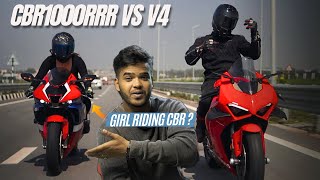 India's First Female Rider Takes CBR1000RRR for a Drag Race - Ducati V4 Wheelie @Thequeencz