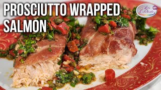 Prosciutto Wrapped Salmon with Roasted Red Pepper Sauce