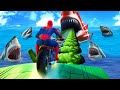 Superheroes on a motorcycle ride over the sea along the Spider-Man Bridge GTA 5