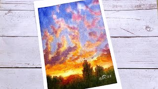 水彩画教程  日落云彩 | Watercolor tutorial - Sunset clouds