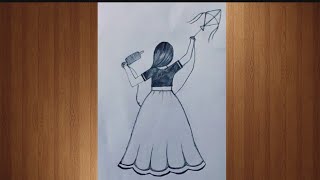 Makar Sankranti Easy drawing | How to draw a girl flying kite | Easy scenery | Easy drawing/drawing