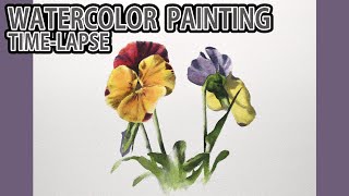 [水彩画タイムラプス] 1時間40分で描くリアルなビオラの花のメイキング | Watercolor Painting Time Lapse