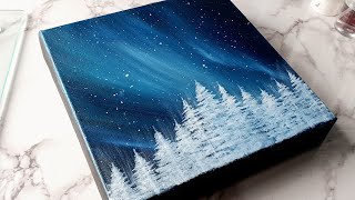 Easy Northern Lights Aurora Landscape Painting on Black Canvas | Acrylic Painting For Beginners