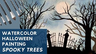 Watercolor Halloween Painting - Spooky Trees | Watercolor Spooky Forest 🌕