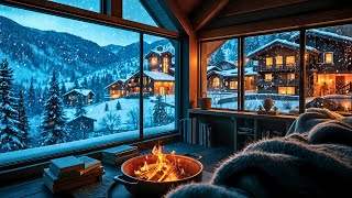 Tranquil Winter Cabin Retreat | Snowfall \u0026 Fireplace Ambience And snowy mountain