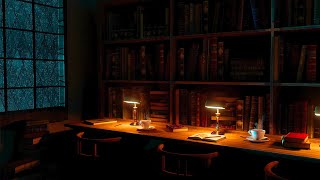 Cozy Library Study Ambience | Relaxing Rain on Window, Distant Thunder, Writing Sounds