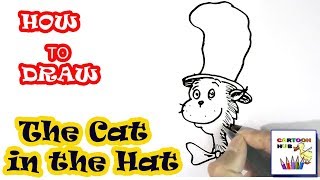How to draw The Cat in the Hat in easy steps, step by step for children, kids, beginners