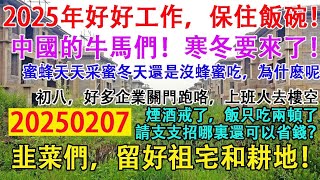 中國的牛馬們！寒冬要來了！2025年好好工作，保住飯碗。年後初八，好多企業關門跑咯，上班人去樓空。蜜蜂天天採蜜，到了冬天還是沒蜂蜜吃，為什麼呢？2025年2月7日