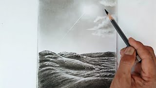 Landscape drawing of sun shining on sea surface step by step with pencil.