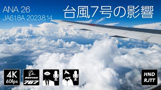 [台風7号接近] ANA26便 活発な雨雲の中、機長とCAさんRWYチェンジアナウンス [JA618A]