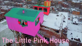 Lachine Canal little pink house for Christmas, from a drone