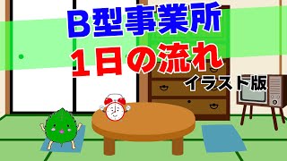 就労継続支援B型事業所　1日の流れ（イラスト版）