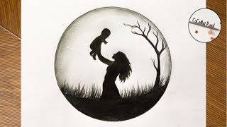 Mother and Son Shadow Drawing | Mother’s Day Drawing Easy Steps | Mother and Child in Moon Light
