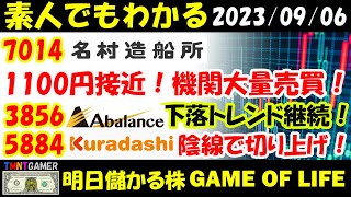 【明日儲かる株】7014 名村造船所！機関大量売買！1100円に接近！3856 Abalance！機関売っても買っても！軟調！5884 クラダシ！陰線でも！上昇トレンド継続！【20230906】