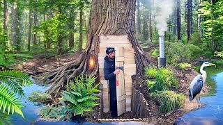Building a secret hut inside a huge tree