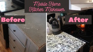 Mobile Home Kitchen Makeover on a Budget/ Faux Granite Counter-top/ Peel and Stick Subway Tile