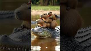 Capybara family riding alligator #cute #capybara #capybaramemes #animal #capybaraworld #funny