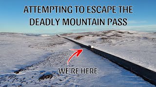 ATTEMPTING TO ESCAPE THE DEADLY MOUNTAIN PASS. NORDKAPP ARCTIC NORWAY.