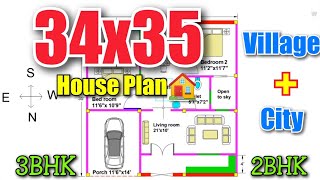 34 x 35 feet North Facing House Plan | For City And Village