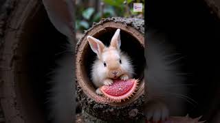 Cozy Delights  Baby Rabbit Enjoying Rambutan in a Hollow Log #pet #cute #petrabbit #funny #rabbit