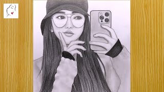 How to draw a girl with glasses easy | A Girl with Selfie Drawing | BTS Cap Girl Drawing | Drawing