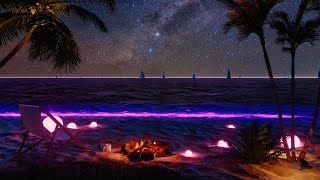 Purple Beach Night Ambience | Ocean Sound for Sleep | Campfire ASMR