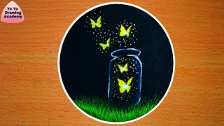 Easy Butterfly Night Scenery Drawing With OilPastels for Beginner /Magical Glowing Butterfly Scenery