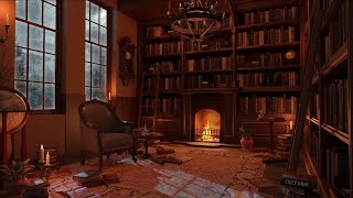 Cozy Reading Library Ambience - Rain Sounds & Thunderstrom | Crackling Fireplace
