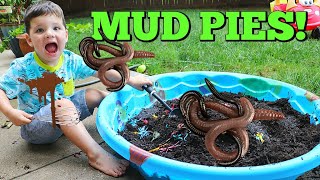 Kid Playing Outside Making GIANT Mud Pies with REAL WORMS!