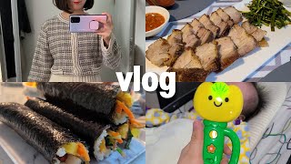 vlog 초보주부일상 떡볶이, 포차식 꼬치어묵탕🍢, 통삼겹살구이, 야밤에 장보고 김밥 대량생산, 사랑스러운 조카 첫 상봉기