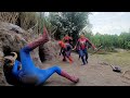 panicked three goat headed monsters attack the girl leading to a battle with spider man