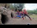 panicked three goat headed monsters attack the girl leading to a battle with spider man