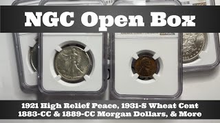 NGC Open Box - 1921 High Relief Peace Dollar, 1931-S Wheat Cent, 1883-CC \u0026 1889-CC Morgan Dollars +