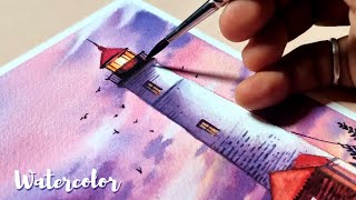 How I painted clouds and lighthouse with watercolor | Watercolor Painting landscape