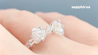 【簡単】クリスタルの小さなリボンリング☆作り方　ビーズリング/スワロフスキーソロバン型/DIY/Beaded Bow Rings/Swarovski crystals/Bugle beads