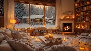 Winter Afternoon in Cozy Cabin Ambience ❄️Fireplace Sounds for Relaxation - Soft Piano Music