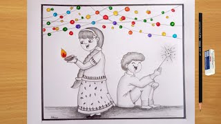 Diwali scenery drawing | Happy Diwali Drawing | Diwali Fastival drawing step by step tutorial