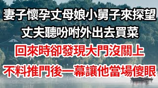 妻子懷孕丈母娘小舅子來探望，丈夫聽吩咐外出去買菜，回來時卻發現大門沒關上，不料推門後一幕讓他當場傻眼【倫理】【都市】