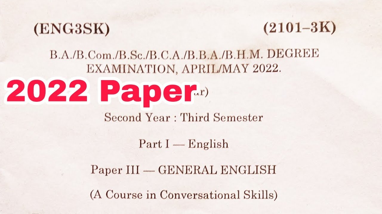 3rd Sem English Question Paper 2022 || English Degree 3rd Sem 2022 ...