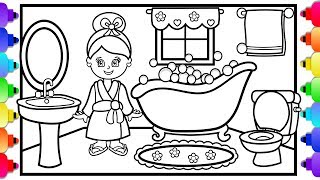 How to Draw a  Bathroom for Kids 💜 Doll House Coloring Pages 💜 How to Draw a Girl