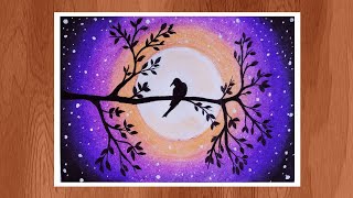 An alone Bird sitting on a branch drawing   |  Oil Pastel Drawing for Beginners  | Moonlight Drawing