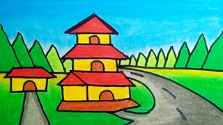 How To Draw A Scenery Of Village House |Drawing House Easy Scenery