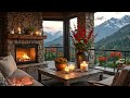 cozy terrace in mountain ambience with fireplace candles and nature sounds for relaxation and sleep