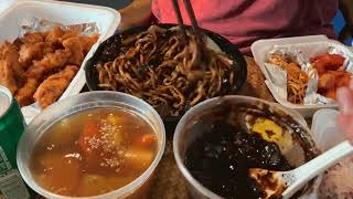 Jajiangmyeon black bean noodles tangsuyuk deep fried sweet sour pork Korean Chinese Jjajangmyeon