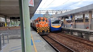 2233次瑞芳發車經由山線開往嘉義的EMU726+EMU725阿福號區間車，和7527次R193單柴電頭+數節水泥斗車貨列