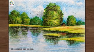 Coloring green trees at the lake for beginners || Simple coloring landscape art || PAINTLANE
