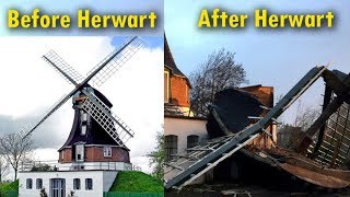 Storm in Germany, Mühle Catharina in Oldenswort, Germany, before and after Sturm Herwart