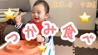 【手掴み食べ】もうすぐ９ヶ月！意欲がありそうなので始めました♪【離乳食　中期】Eating with his hand! [Baby food]